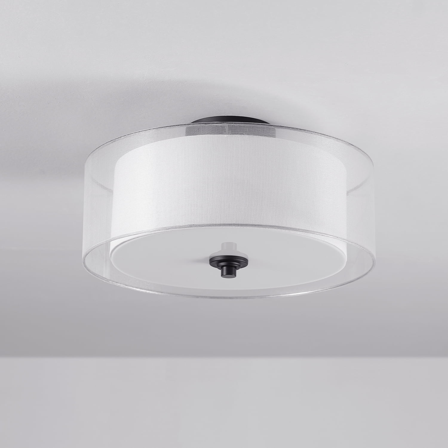 Globe Electric 2-Light Matte Black Indoor Semi-Flush Mount Ceiling Light, Linen and Organza Shade