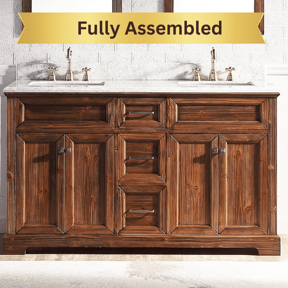 KDJ HOME Pre-Assembled Bathroom Vanity Set with White Marble Countertop&Back Splash, Procelain Sink , Brown 60 inches