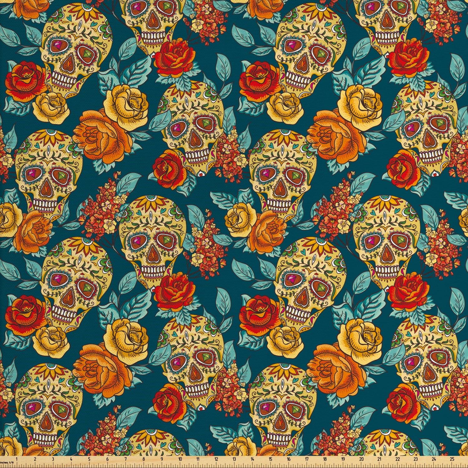 Sugar Skull Fabric by The Yard, Skulls Diamond Shapes in Eyes Roses