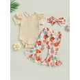 thumbnail image 2 of Wassery Infant Baby Girls Clothes Solid Color Knit Rib Short Sleeve Romper Crew Neck Jumpsuits Daisy/Flower Print Flare Pants Headband 3Pcs Summer Set 0-18M, 2 of 8