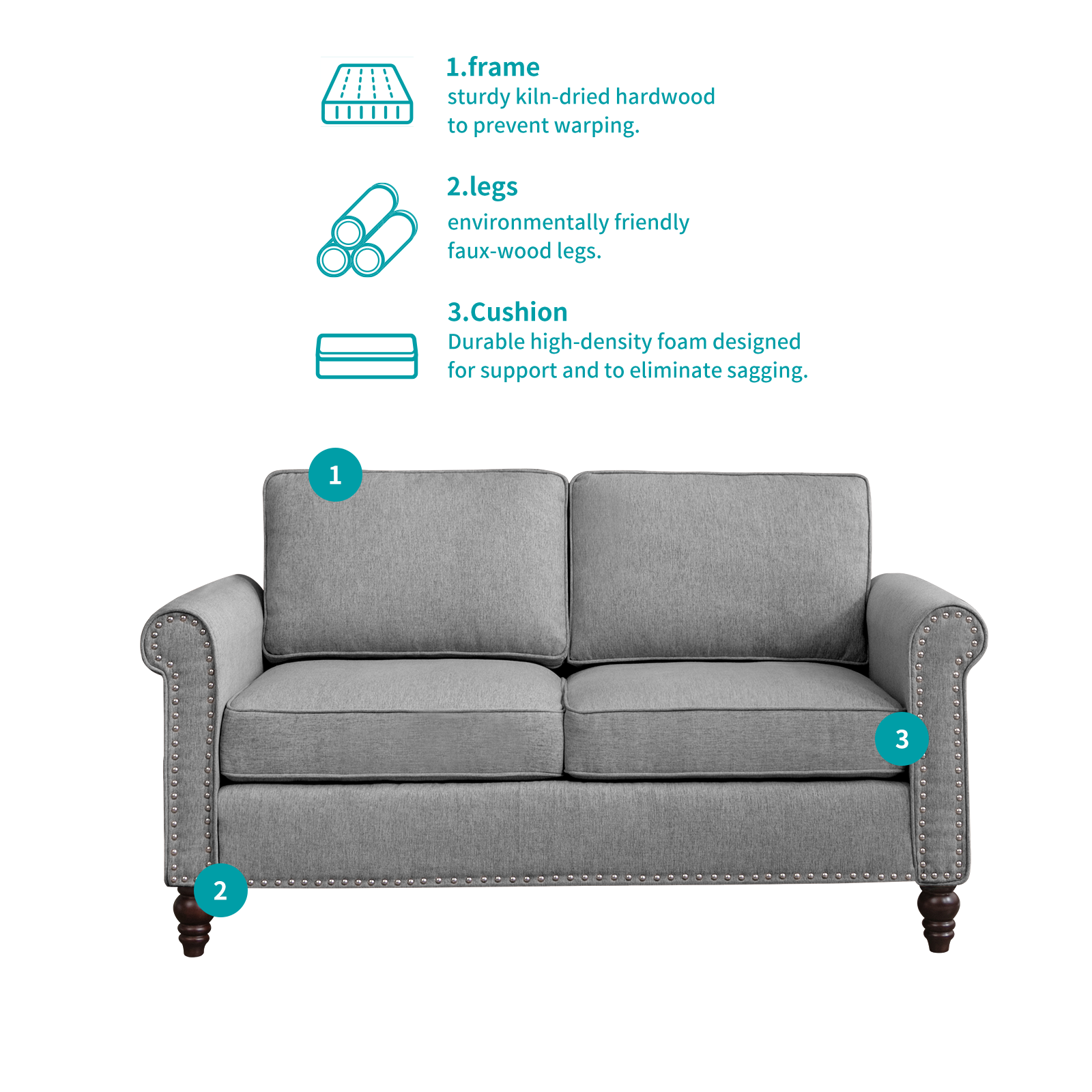 MUZZ Living Room Furniture Sets with 5.9"Upholstered Cushion, 3-Seater Sofa Couch and Loveseat, Sofa Set for Living Room(Light Grey)