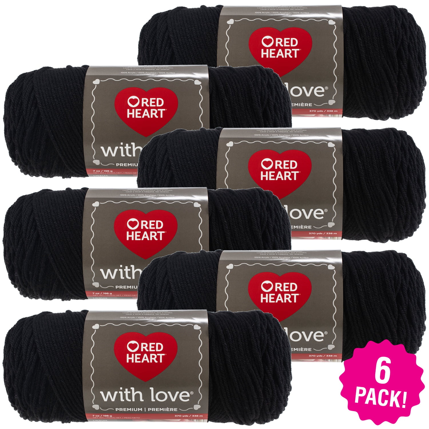 Red Heart With Love Yarn - Black, Multipack of 6