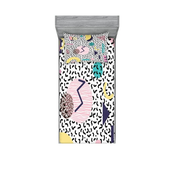 Ambesonne Vintage Fitted Sheet & Pillow Sham Set, Retro Geometric Shapes, Twin, Navy Yellow Pink