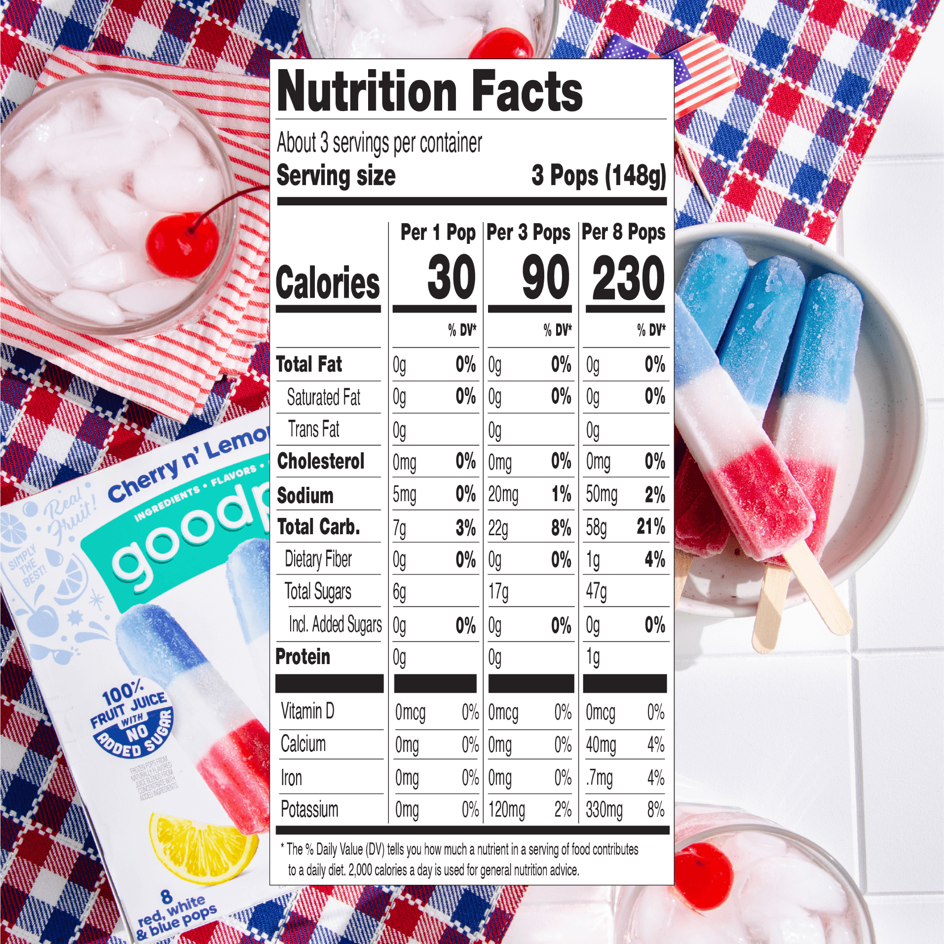 GoodPop Cherry n' Lemonade Red, White and Blue 100% Juice Ice Pops, No Added Sugar, 8 ct