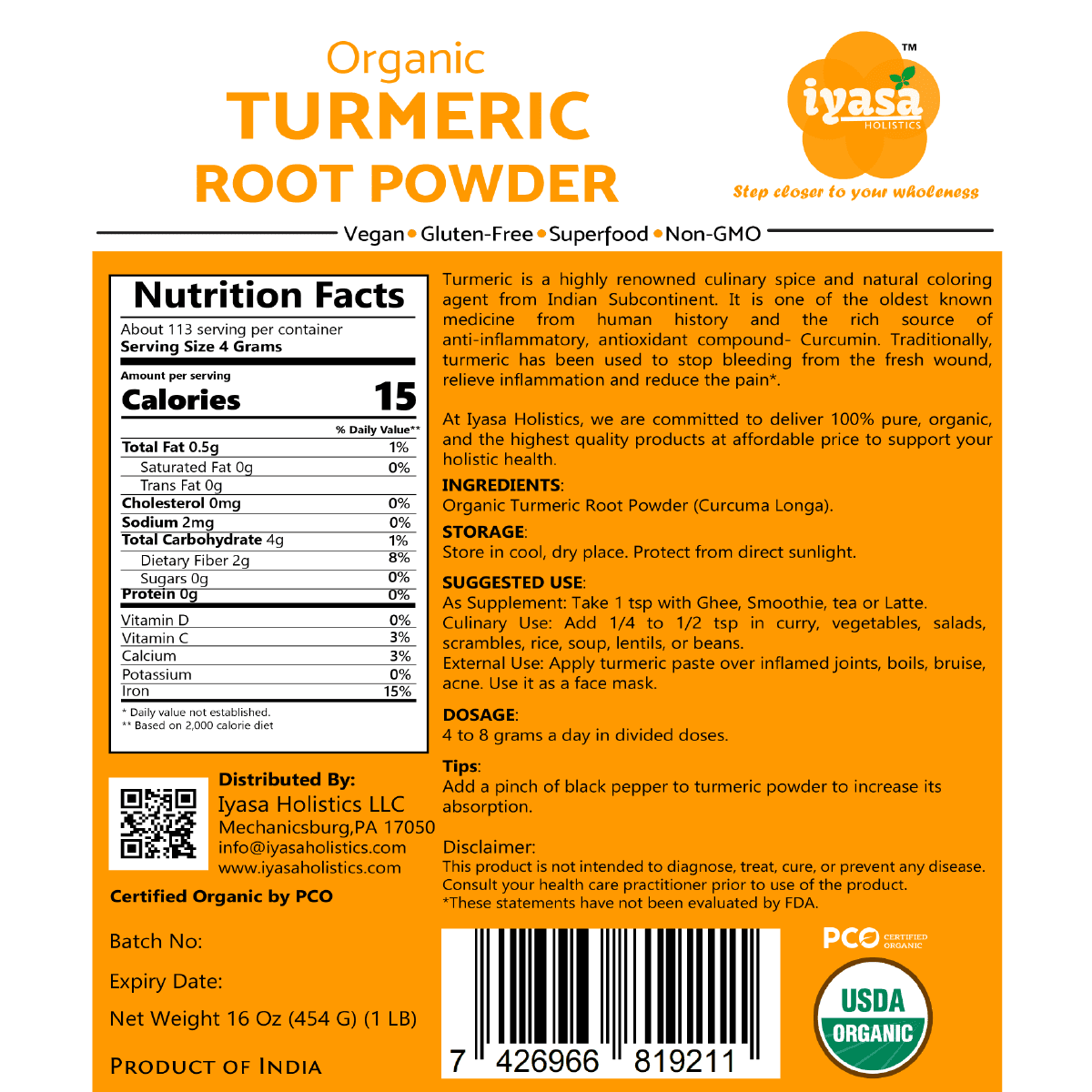 Iyasa Holistics Organic Turmeric Root Powder, Curcumin, USDA Certified, Finely Ground, 16 oz