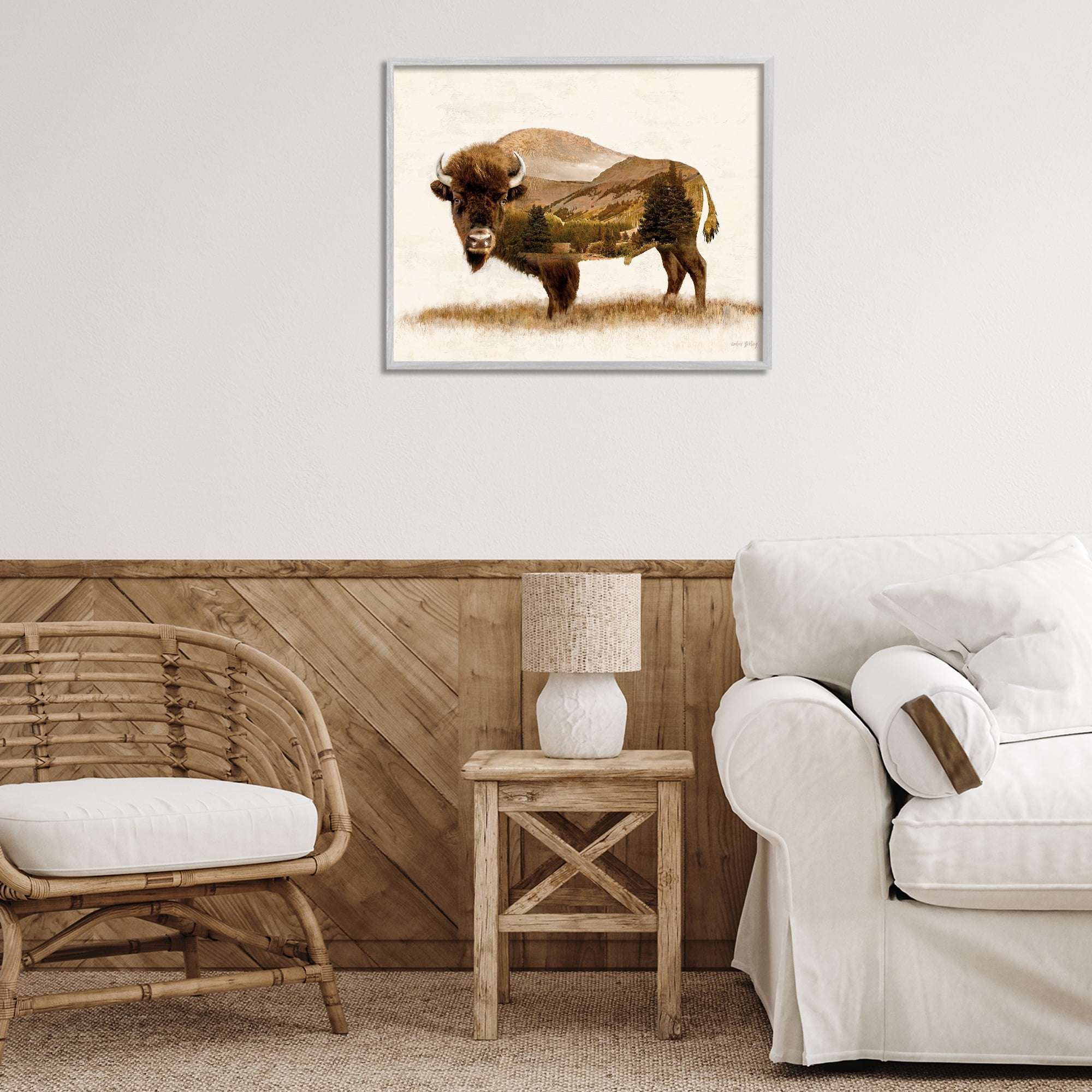Stupell Industries Nature Patterned Bison Animals & Insects Painting Gray Framed Art Print Wall Art, 30 x 24