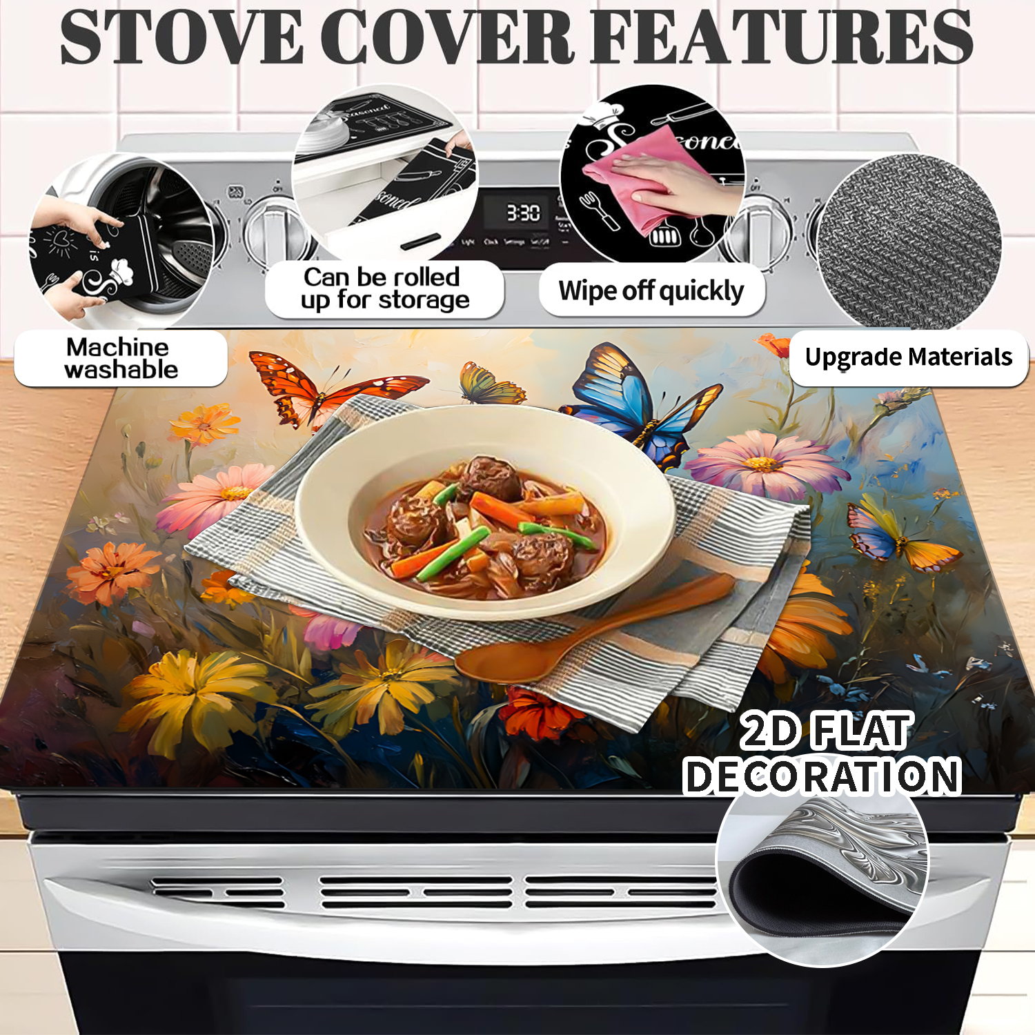 Stove Top Cover Retro Flower Gas Stove Top Cover for Home Decoration Kitchen Pad Non-Stick Washable Cooktop Covers Countertop Protector Keep Stove Clean 28"x20"