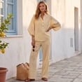 thumbnail image 6 of Cotton Linen Sets for Women 2 Piece Batwing Sleeve V Neck Button Shirts and Wide Leg Pants Set Summer Casual Outfit, 6 of 7