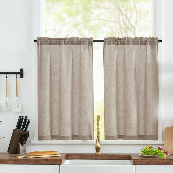 Curtainking Farmhouse Rod Pocket Semi-Sheer Cafe Curtains, Taupe Linen Textured，26" x 24" (2 Panels), Taupe