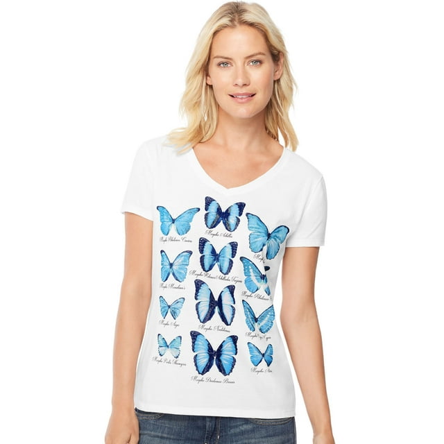 Hanes T-Shirt à Manches Courtes Col en V pour Femmes, TG, Collection Butterfly/blanc
