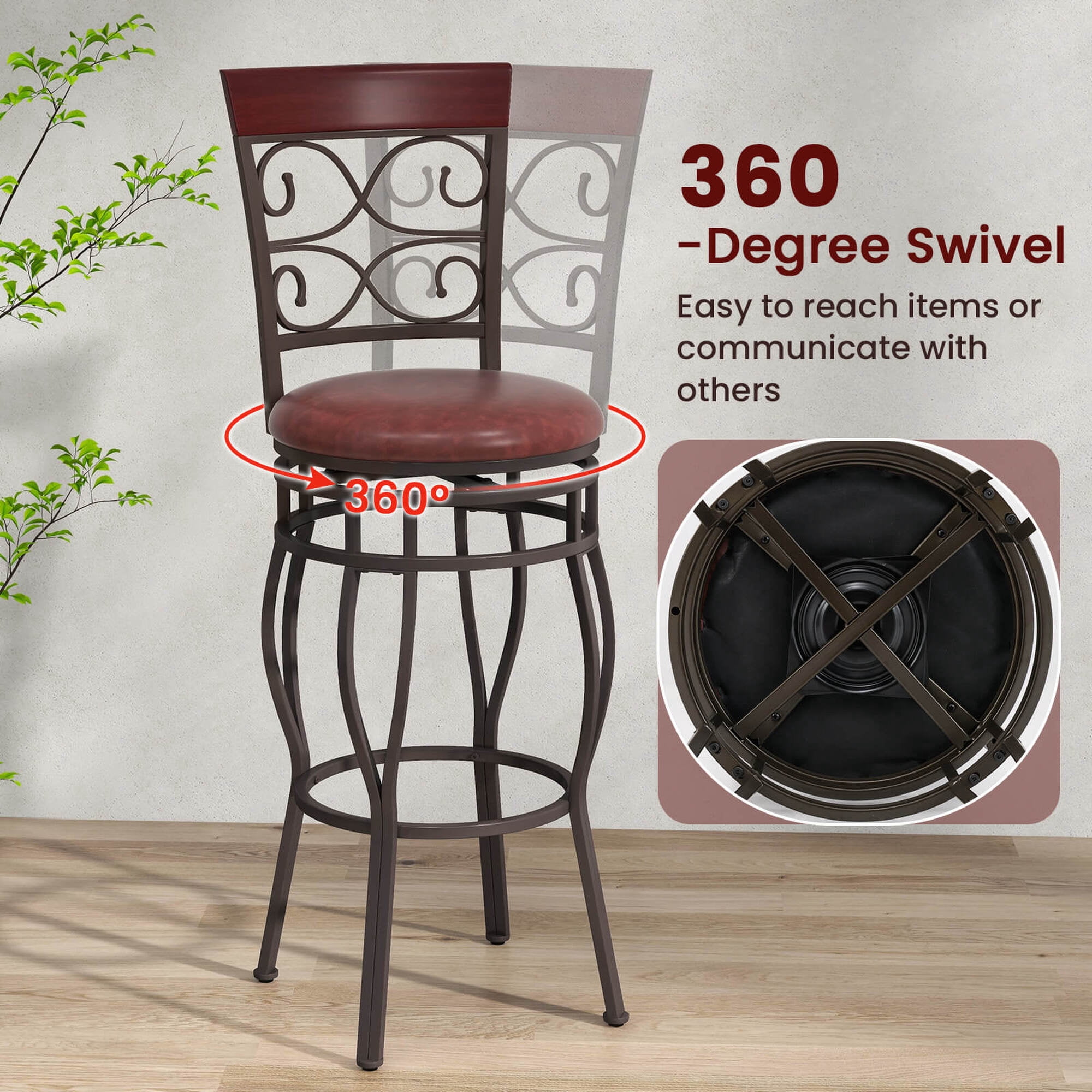 Costway Set of 2 Vintage Bar Stools Swivel Padded Seat 30'' Bistro Dining Kitchen Pub Chair High Back