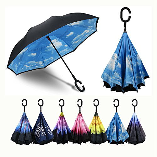UV Protection Hands-Free C-Shaped Handle Procella Inverted Umbrella Sun and Outdoor Use Rain Reverse Umbrellas for Car Large Windproof Double Layer Canopy