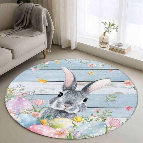 Small Round Rug 3Ft Washable Non-Slip, Easter Circle Area Rugs for Living Room Bedroom, Country Spring Bunny Eggs Botanicals Wooden Plank Indoor Floor Mats Carpet Runner for Home Decor