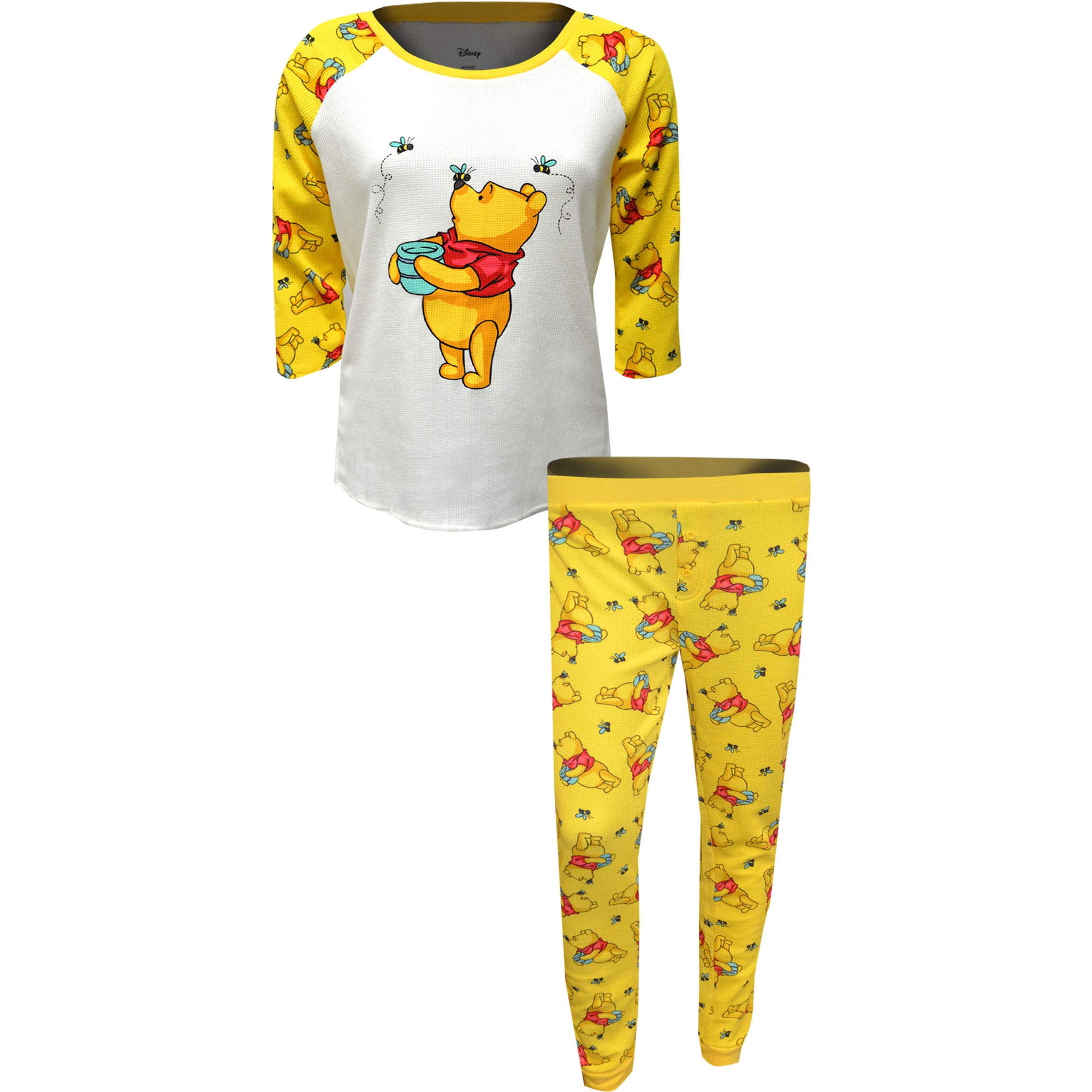 Disney Women s Winnie The Pooh Waffle Knit Junior Cut Jogger Pajamas Large Light Yellow