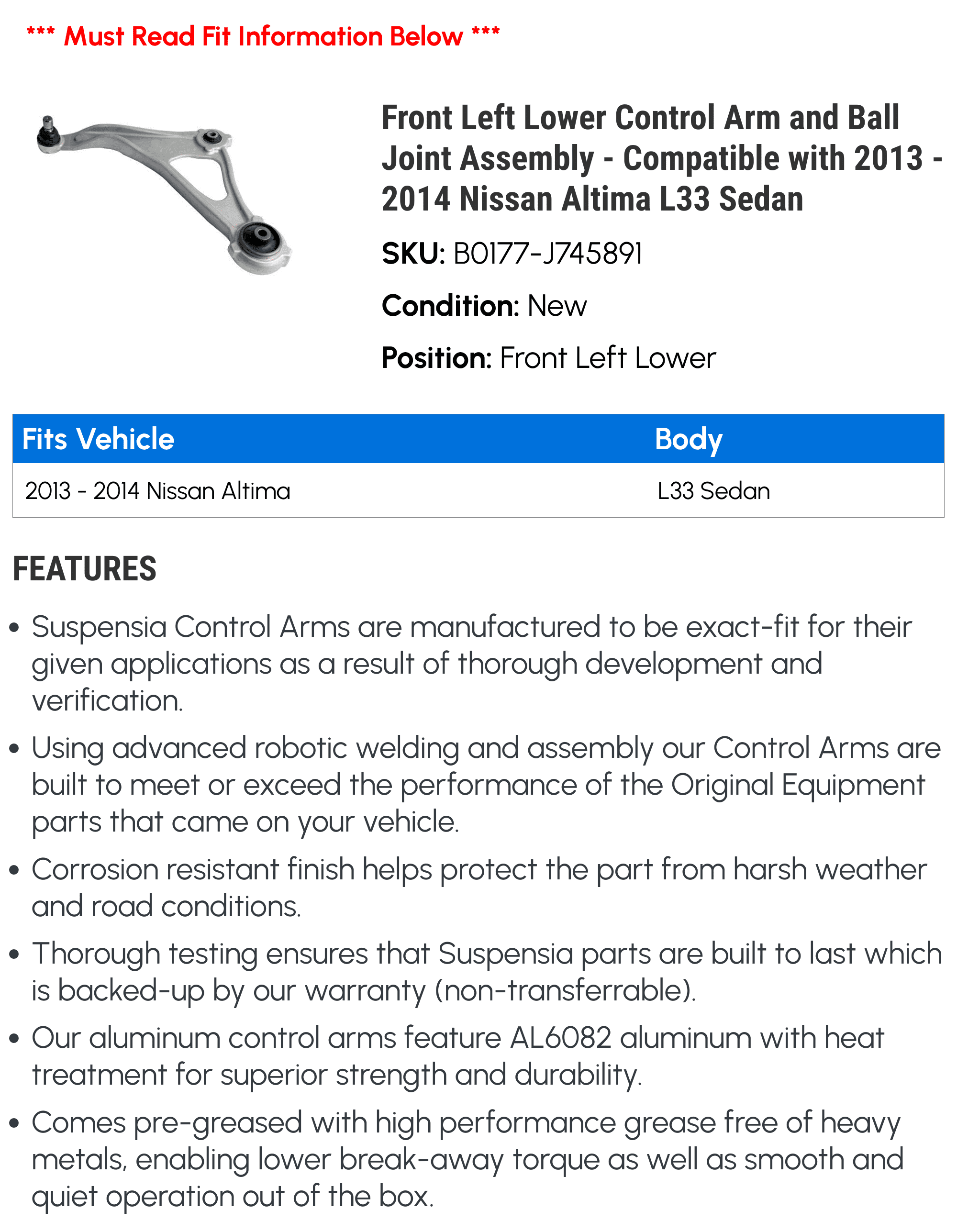 Front Left Lower Control Arm and Ball Joint Assembly - Compatible with 2013 - 2014 Nissan Altima L33 Sedan