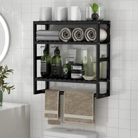 Towel Rack Bathroom Storage Shelves Over The Toilet Floating Shelf Wall Shower Shelf for Small Space Bathroom Kitchen Multi Usage (Black-1Pack)