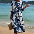 thumbnail image 2 of VBVC Women's and Women's Plus 3/4 Sleeve Midi Dress, Summer Casual Crew Neck Dress For Women, Ladies' Loose Fit Floral Dress with Pockets,Navy,S-5XL, 2 of 7