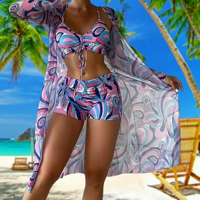Women Bikini Set Ins 3 Piece Swimsuits Spaghetti Strap with Long Sleeve Cover Up