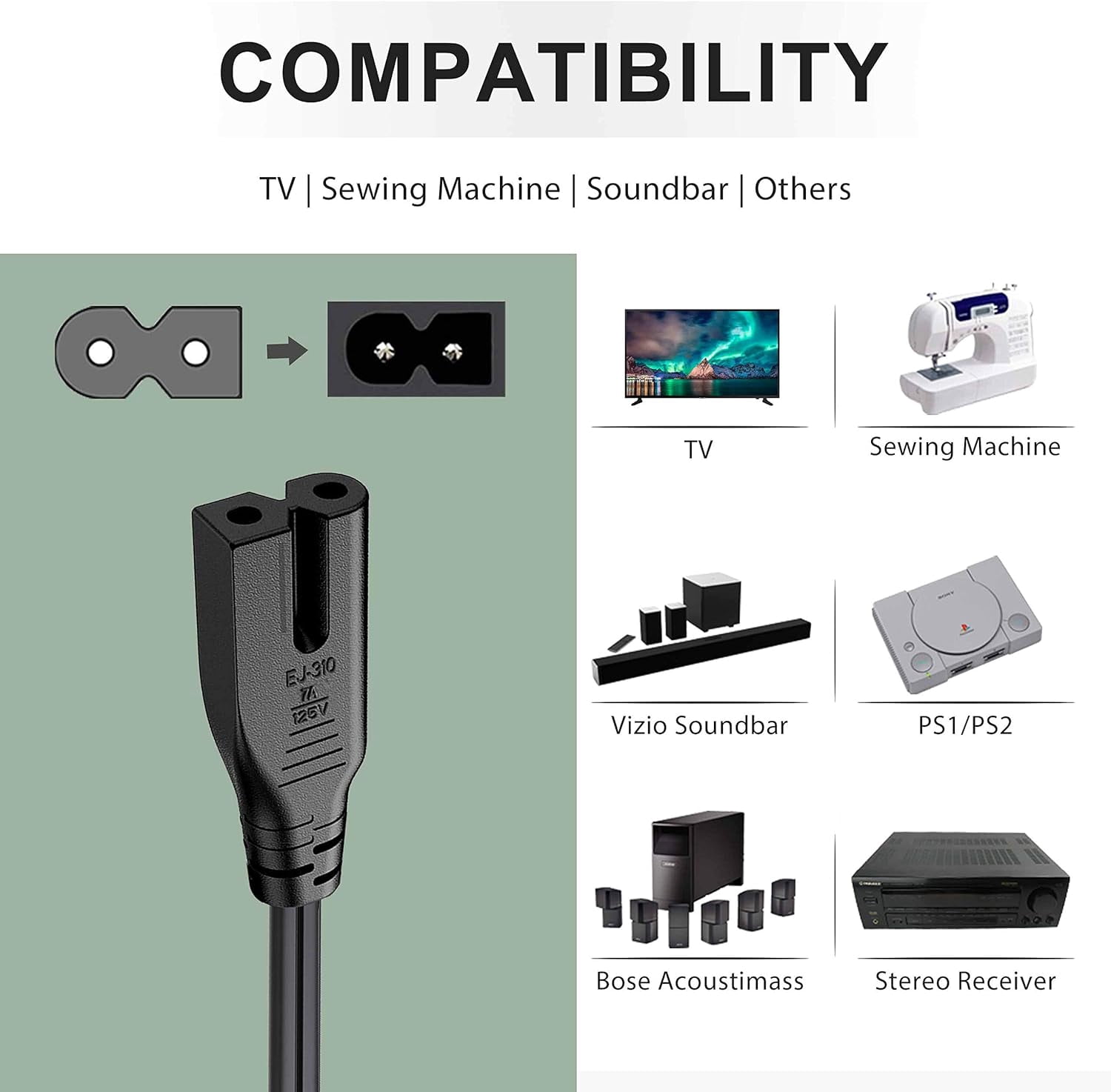 BICMICE 6Ft Polarized Power Cord for Vizio LED TV Smart HDTV, IEC320 C7 to NEMA 1-15P