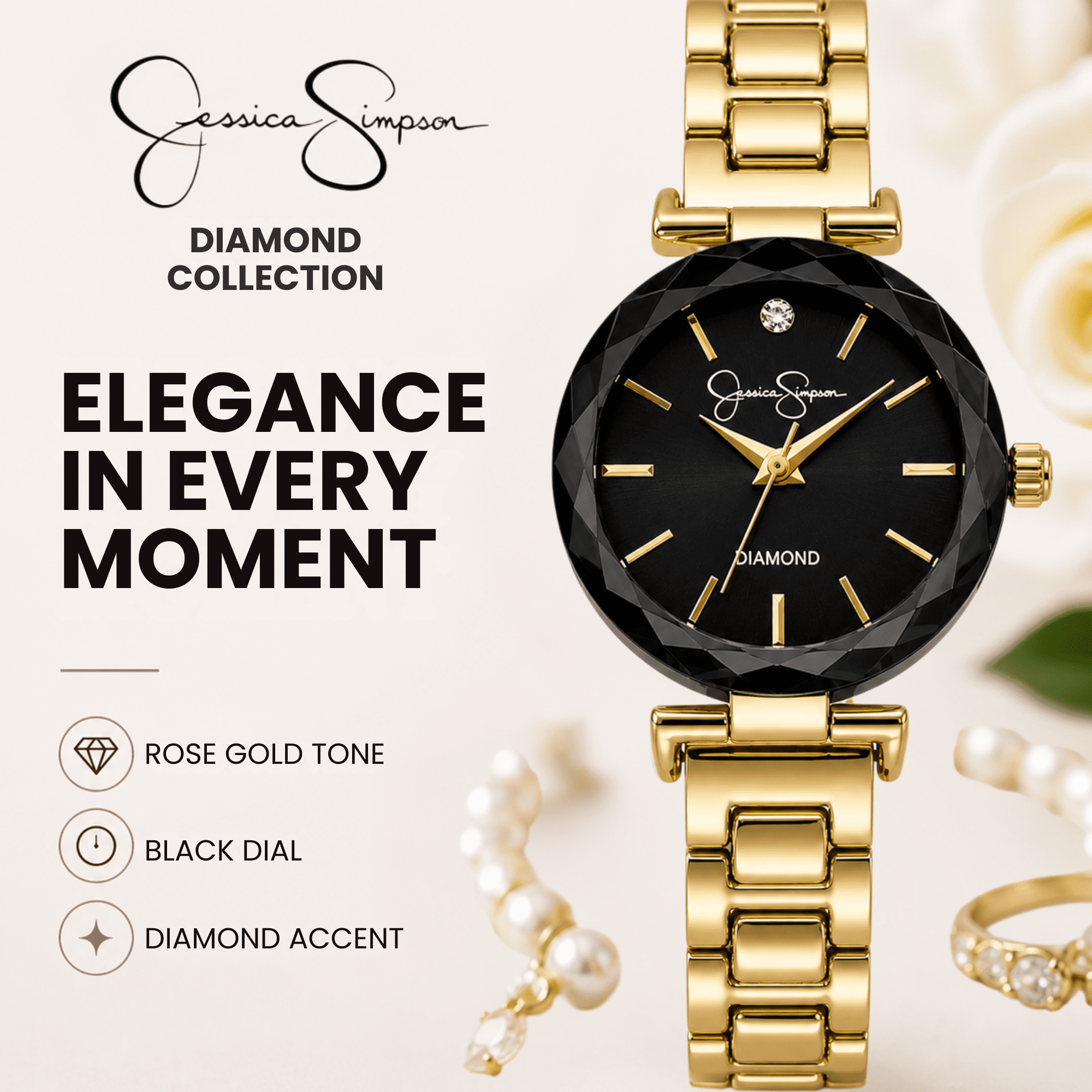 Jessica Simpson Diamond Collection Women Watch, Classic Quartz, Metal Band, Round Faceted Crystal Face, Elegant Dress Watch for Women