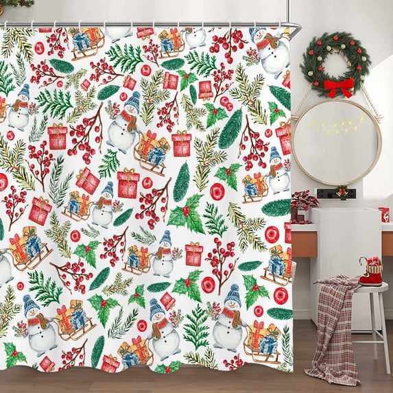 Rustic Christmas Winter Bathroom Shower Curtain, Christmas Snowman Gift Box Printing Decor Waterproof Shower Curtains, Cute Xmas Holiday Shower Curtain Bathroom Accessories with 12PCS Hooks, 70X70IN