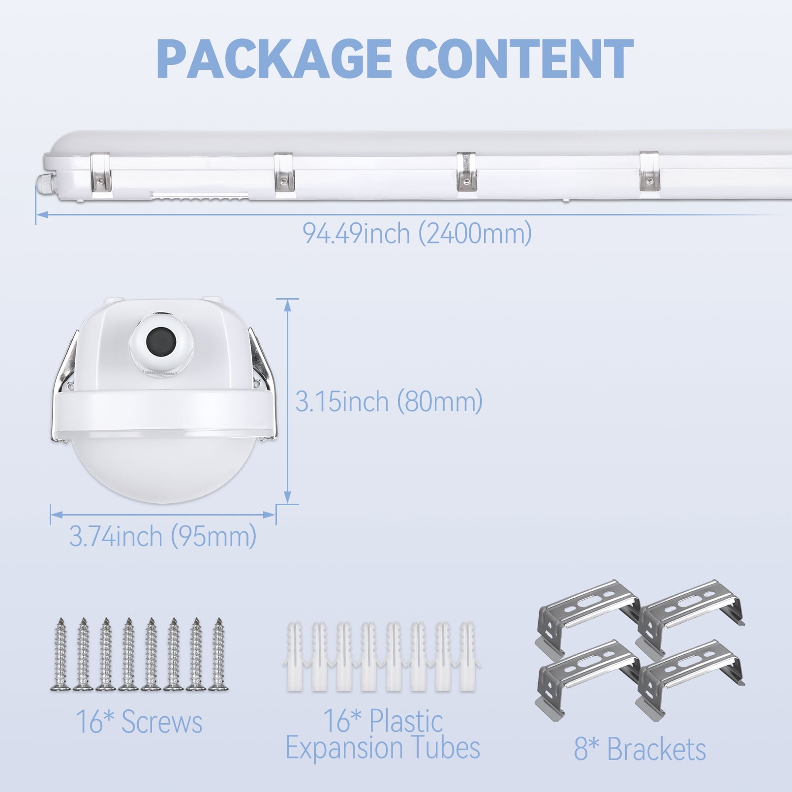 4 Pack 8FT 120W/100W/80W LED Vapor Proof Tight Light, 0-10V Dimmable, 120-277V, IP65 Waterproof Shop Light, 4000K/5000K/6000K Selectable