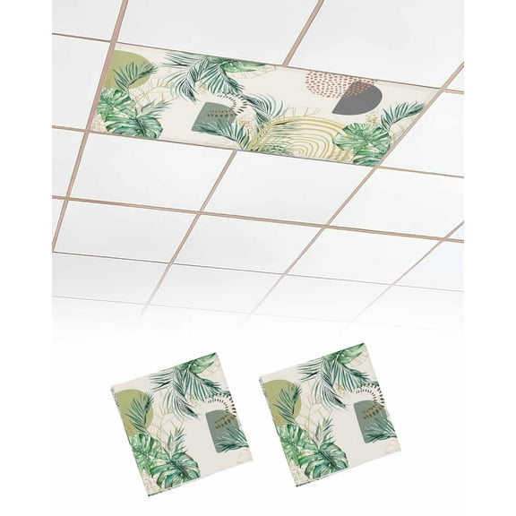 Fluorescent Light Covers for Ceiling Lights 2 Pack, Summer Botanical Magnetic Ceiling Light Covers 2x4ft for Classroom Office School, Boho Geometric Abstract Palm Leaves Drop Ceiling Light Shade