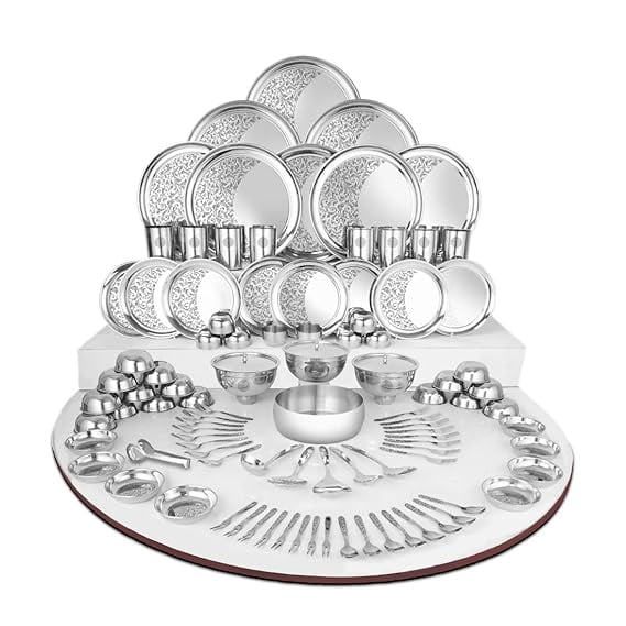 Designer Stainless Steel Shagun Laser Bloom Floral Dinner Set, 101 Pieces