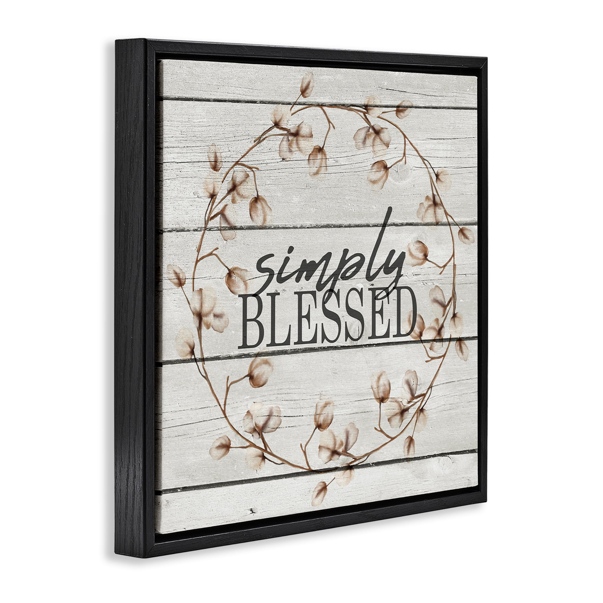 Stupell Industries Simply Blessed Rustic Wreath Botanical & Floral Painting Black Floater Framed Canvas Art Print Wall Art, 18 x 18