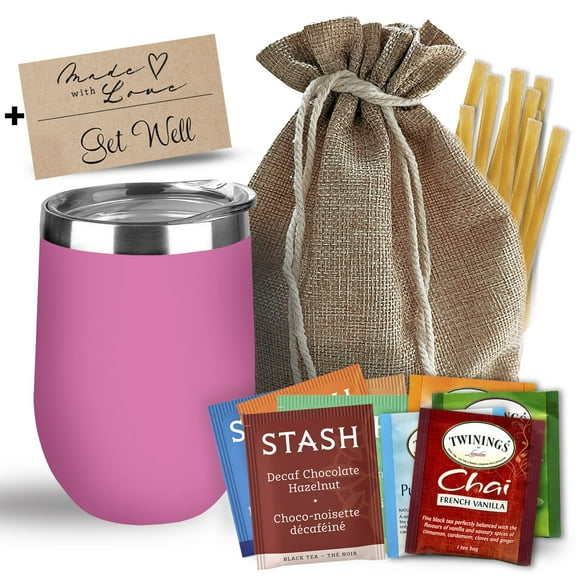 Bellina Tea Gift Baskets for Women and Men - Get Well Care Package - Insulated Cup, 20 Premium Teas, 10 Honey Straws, Gift Tag & Bag