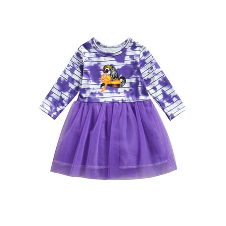 

Toddler Girl Halloween Dress Cute Long Sleeve Cartoon Print A-Line Tulle Tutu Dress