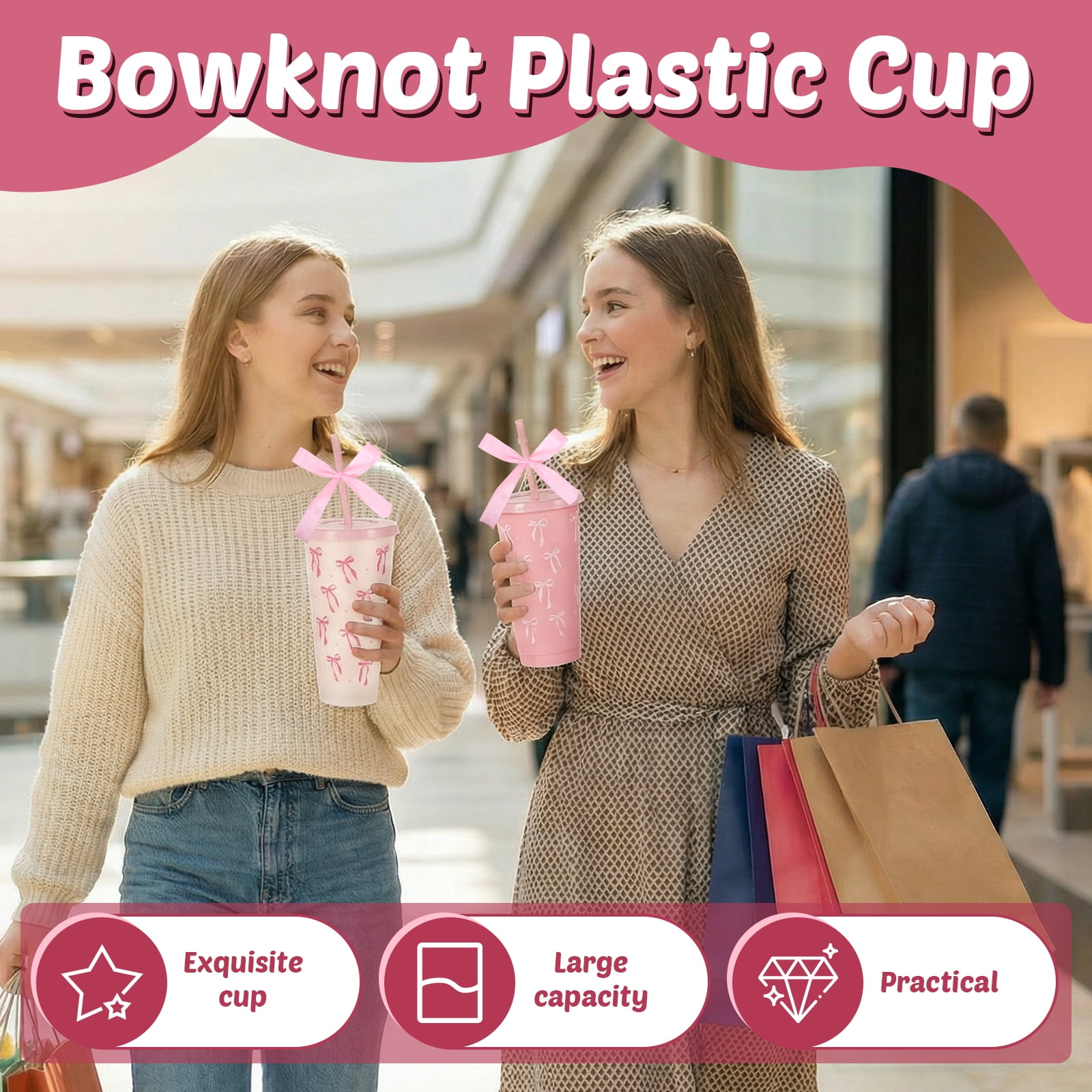 24 Pcs 24oz Bow Plastic Cup with Lid Straw and Ribbon Reusable Tumbler for Birthday Wedding Baby Shower Bridal Party Pink