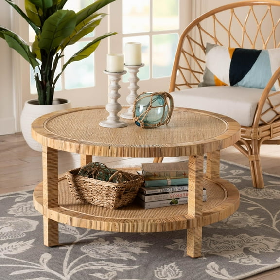 bali & pari Kalimantan Boho Coffee Table, Handwoven Natural Rattan, Light Honey