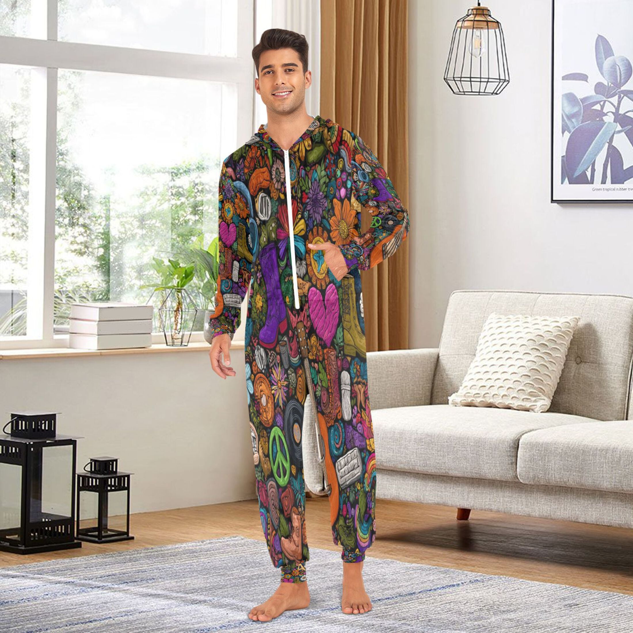 1-Pack Onesie Jumpsuits For Men&Women Winter One Piece Zipper Pajamas Playsuit A Seamless Pattern Of Doodles
