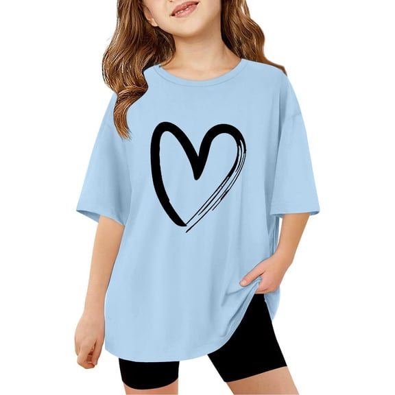 AWZXDE Kids Girls Letter Printed Short Sleeve T Shirt Oversized Casual Crewneck Tee With Heart Design For Valentine Day girls t shirts Light Blue，9-10 Years