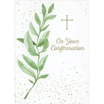 RSVP Thin Gold Foil Cross, Gold Dots and Tall Branch and Green Leaves Confirmation Congratulations Card