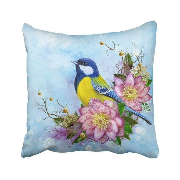 BSDHOME The Bright Bird Tit Pink Flower Hellebore Weaving From Twigs Gold Ornaments Winter Pillowcase Throw Pillow Cover Case 16x16 inches