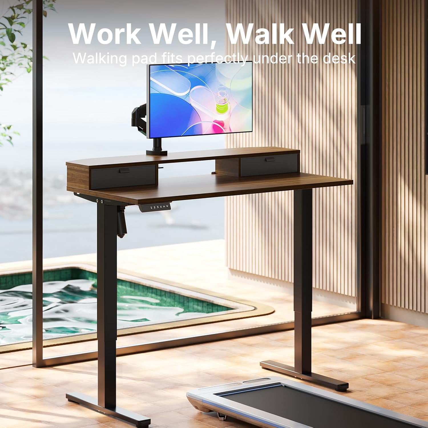 40 x 24 Inch Small Electric Standing Desk with 2 Drawers, Height Adjustable Sit Stand Desk with 4 Memory Settings, Walnut