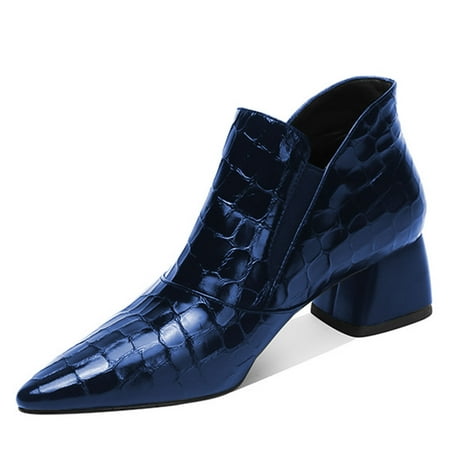 YDN Women Sexy Pointed Toe Ankle Booties Chunky Low Heel Short Boots Pull On Elastic Daily Outdoor Shoes Size 6.5 Navy