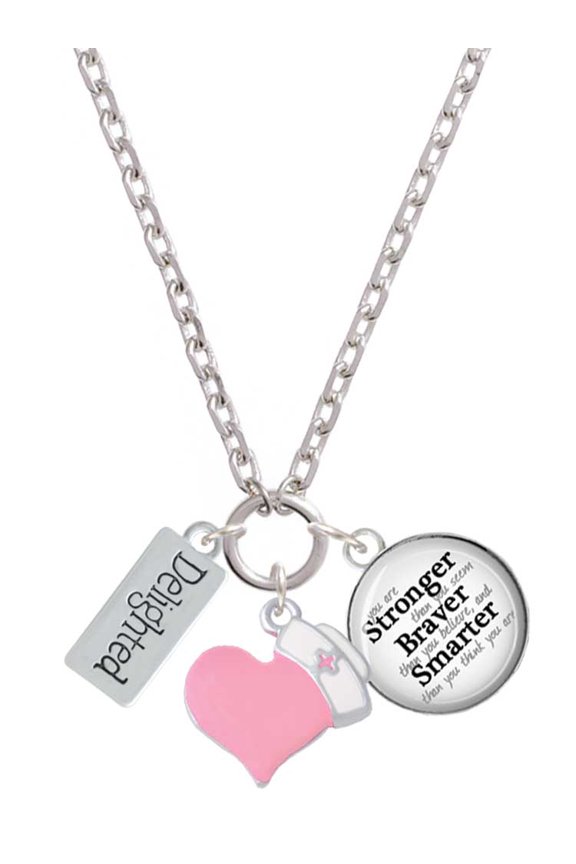 Silvertone Delighted Rectangle - Light Pink Heart Nurse Strong Zoe Necklace
