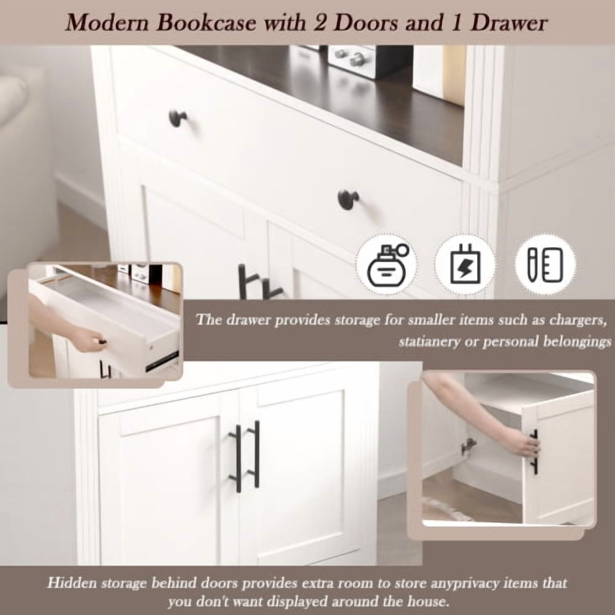 70.90"H Arched Bookshelf with Storage Cabinet, Tall Display Bookcase with Doors, Drawer & Adjustable Shelves, Freestanding Pantry Cabinet for Living Room, Home Office, Bathroom, White