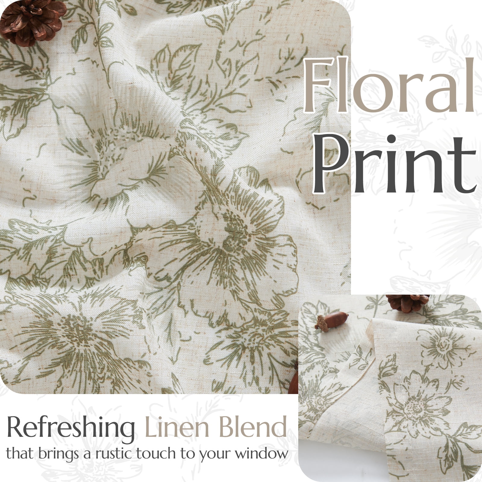 Curtainking Floral Kitchen Curtains Linen Cafe Curtains Sage Flower 26x36 inch Length Curtains for Living Room 2 Panels