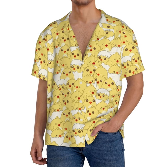 Fotbe Baby Chicks Camisa Estampada de Manga Corta para Hombre, Casual de Verano, Estilo Playero, Sin Arrugas-Small