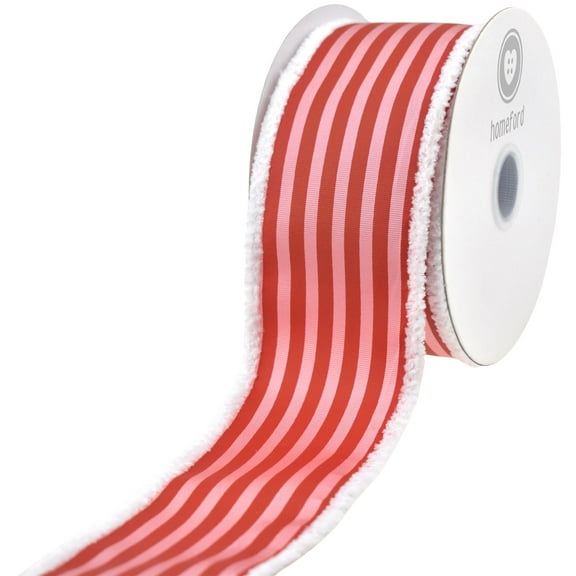 Homeford Christmas Vertical Stripes Fuzzy Edge Wired Ribbon, Pink, 2-1/2-inch, 10-yard