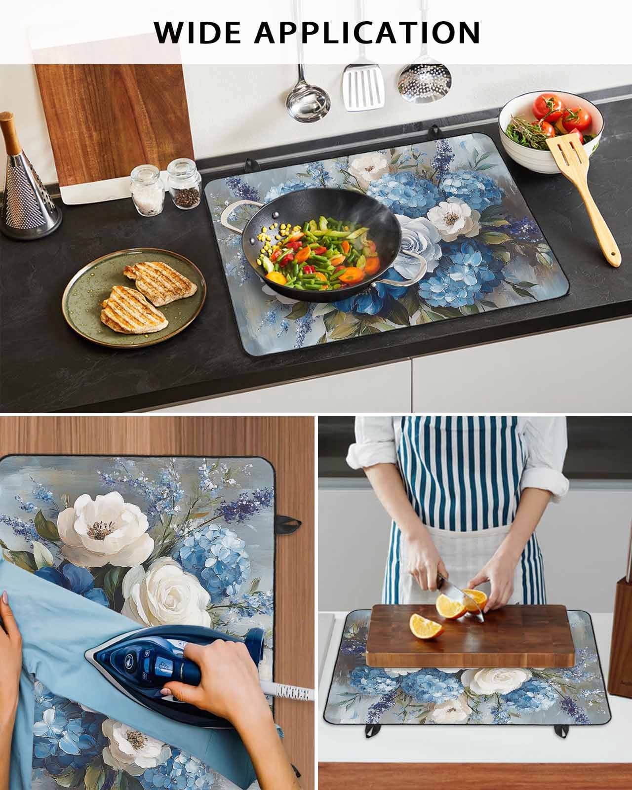 nqOlkjepod Large Induction Cooktop Protector Mat 24"x21", White Blue Spring Floral Stove Top Covers for Electric Stove, Pastoral Flowers Retro Stove Burner Cover Mats, Glass Top Stove Cover