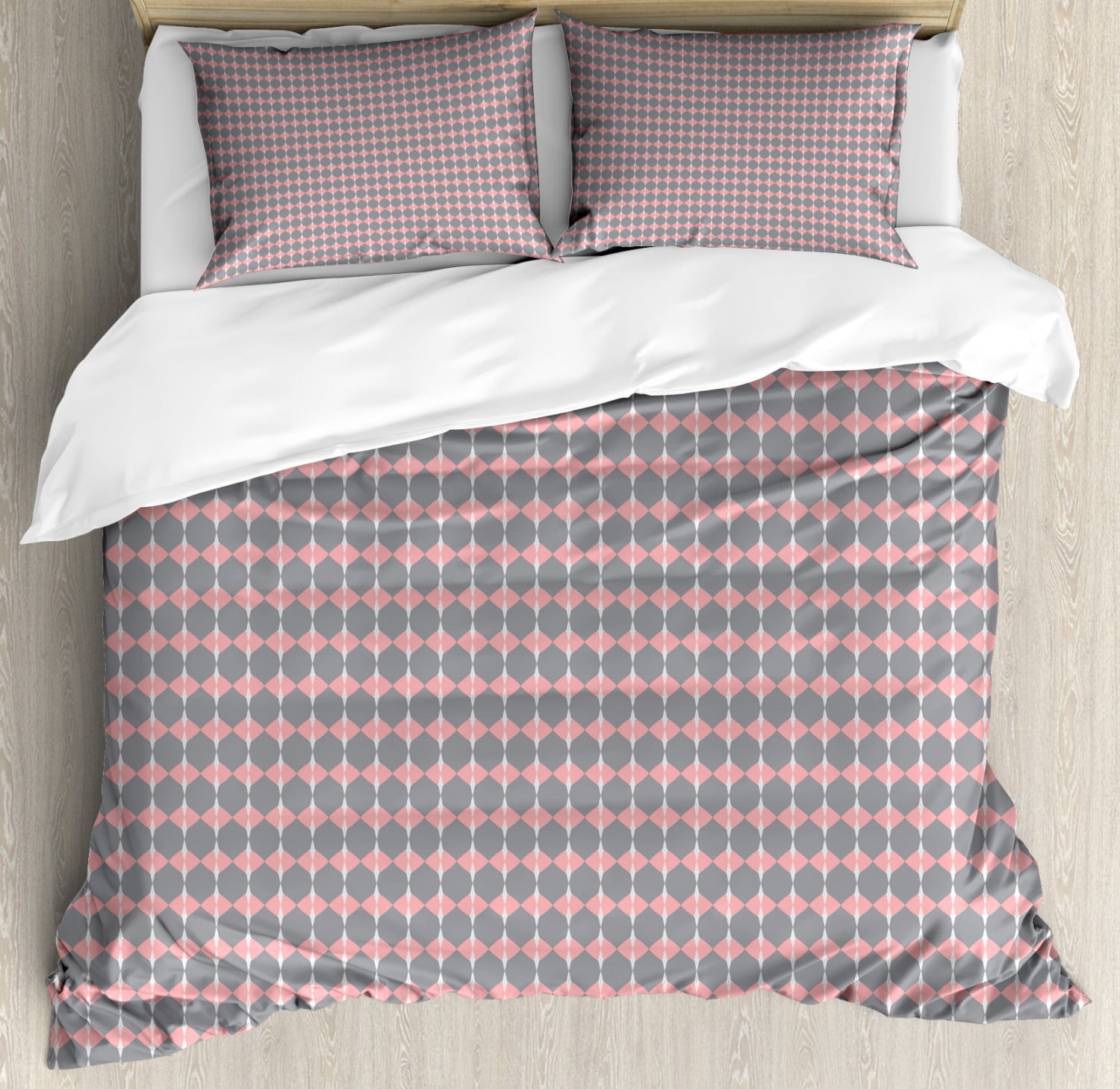 Geometric Duvet Cover Set, Round Edged Pink Rhombus Shapes Forming a