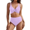 thumbnail image 2 of Women Two Piece Swimsuits High Waisted Bikini Set Tummy Control Bathing Suits Knot Twist Swimwear Purple M, 2 of 5