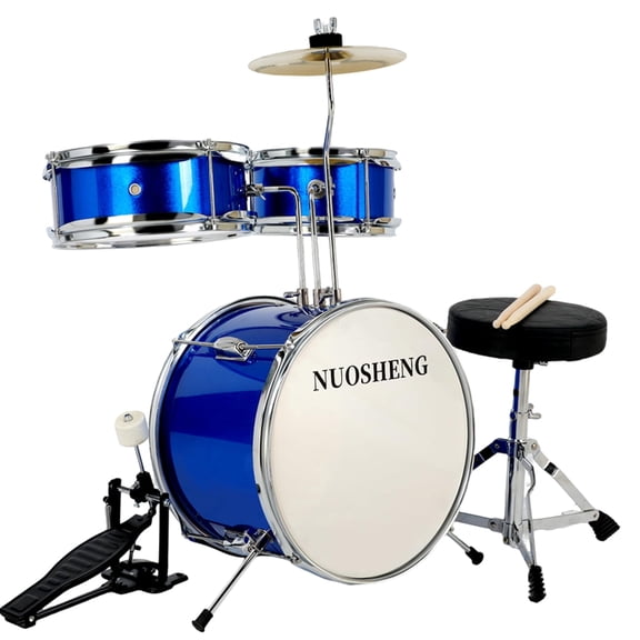 NUOSHENG Kids Drum Set 3-Piece for Beginners, 13 Inch Drum Kit with Adjustable Throne, Cymbal, Pedal & Drumsticks, Junior Drum Set with Bass Tom Snare Drum, Blue