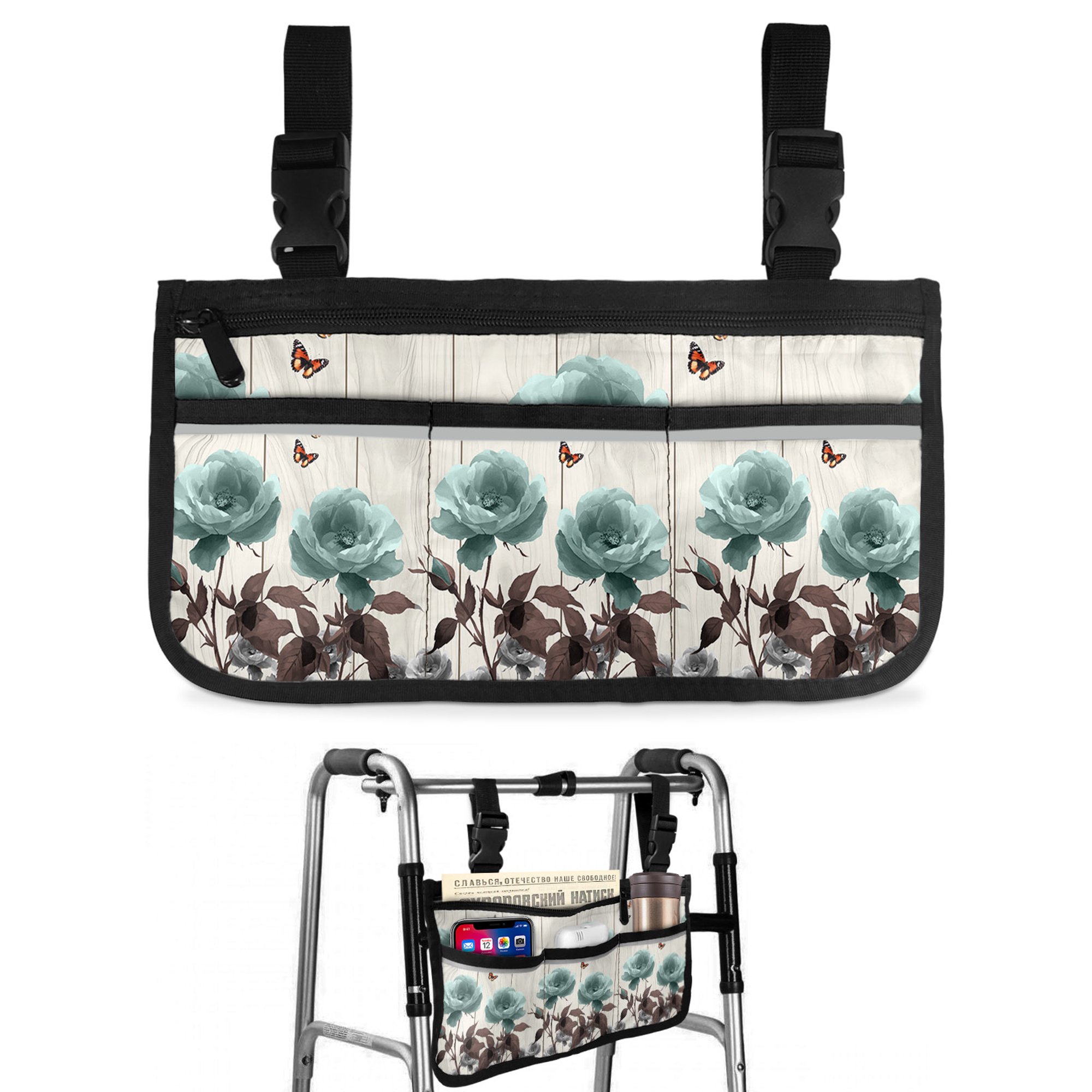 Teal Blue Floral Wheelchair Side Bag Walk Bag Basket, Vintage Rustic Botanical Beige Wooden Wheelchair Accessories Armrest Pouch, Organizer Storage Bags for Walkers, Rollators, Scooters, 7.3"x13"