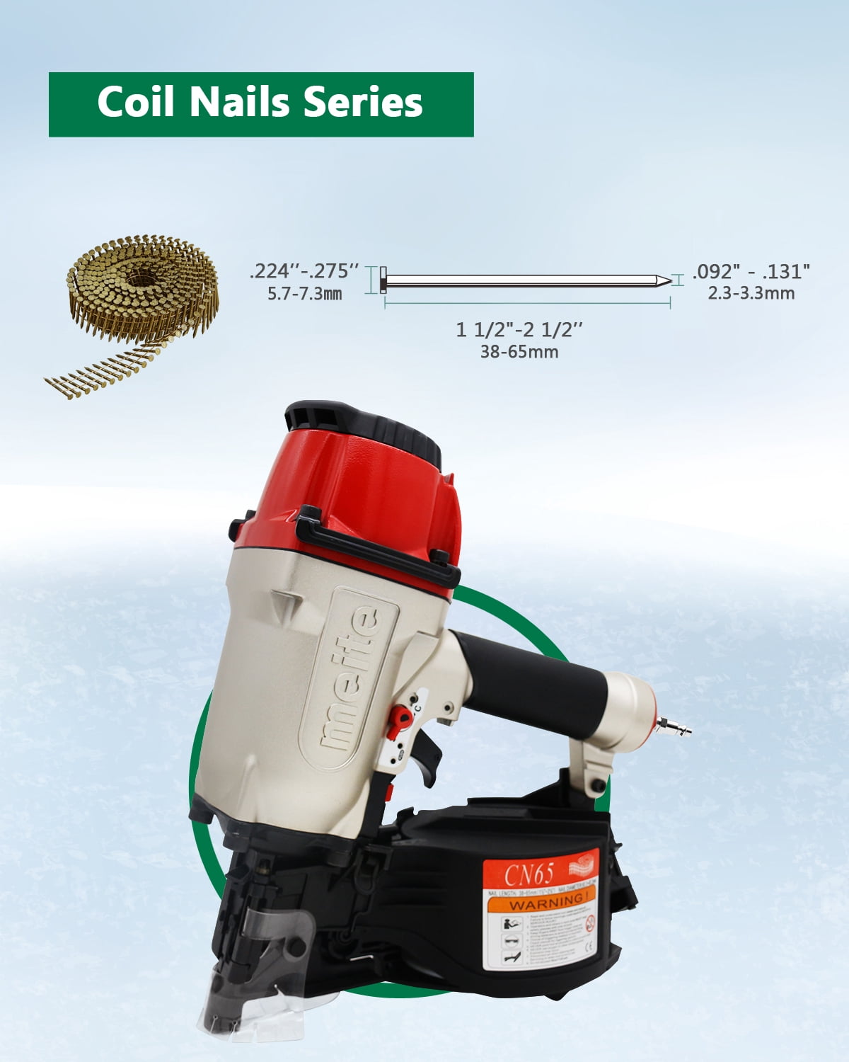 meite CN65 Pneumatic Coil Siding Nails Nailer Wood Working Guns for 15 Degree 1-1/2-inch to 2-1/2-inch Length Nails